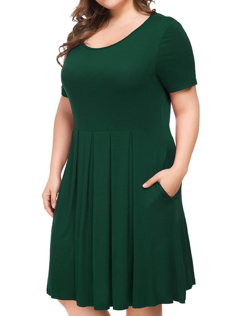 Tralilbee Women's Short Sleeve Pleated Loose Swing Casual Dress with Pockets Knee Length Dark Green 2XL - Image 3